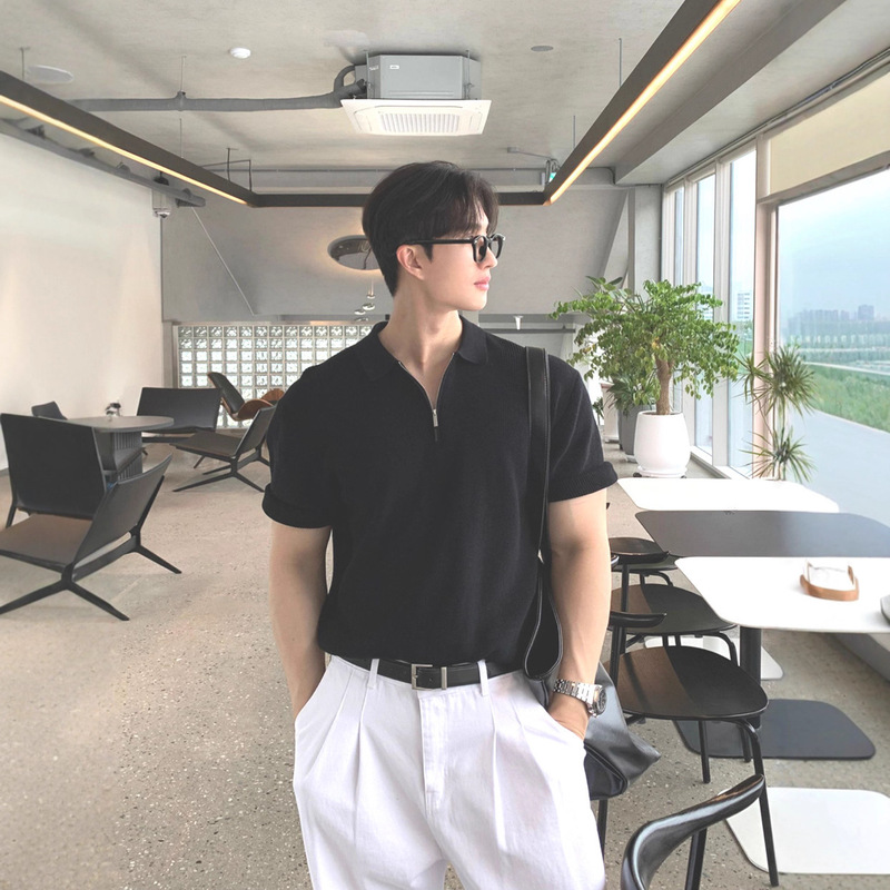 Korean Half-Zip Knitted Polo Shirt Men's Mercerized Cotton Ice Silk Slim Short-Sleeved Sweatshirt Lapel Cardigan T-Shirt Trendy