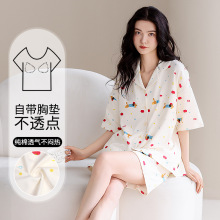 家居服带固定胸垫纯棉睡衣女夏翻领开衫卡通大码短袖短裤两件套装