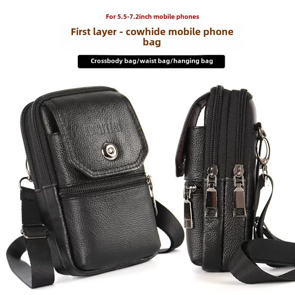 New Genuine Leather Mobile Phone Bag Men's Waist Bag Wear Belt Multifunctional Mobile Phone Case Hanging Bag Single Shoulder Crossing Vertical