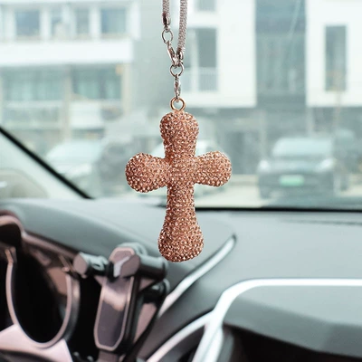 Car hanging Clay Rhinestone Cross Car Men - champagne-gold-fat-cross