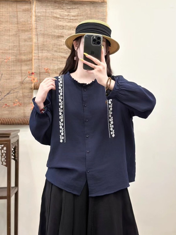 2025秋季新款重工绣花开衫立领花边领气质森女系文艺范双纱小开衫|undefined