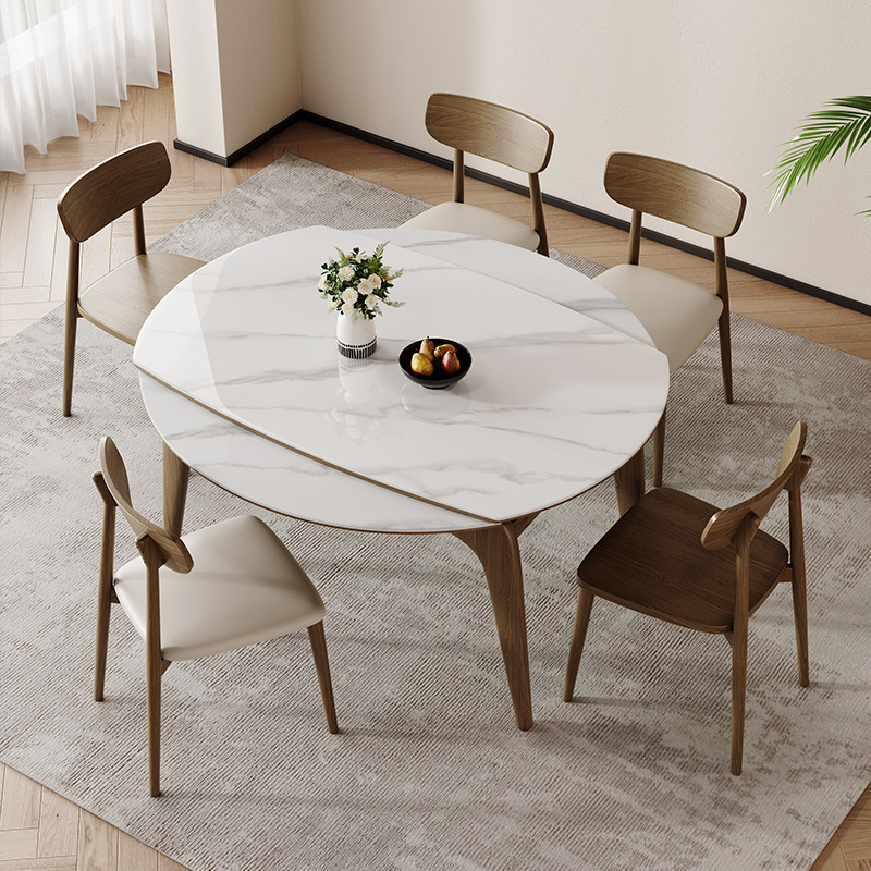 Light Luxury, Minimalist Solid Wood Folding Rock Plate Dining Table &ndash; Extendable, Round Design for Small Homes, Nordic Style, Full-Support Solid Wood Dining Table