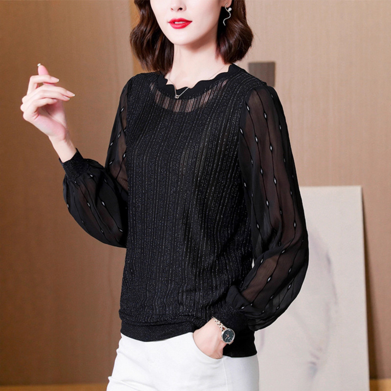 Black Lace Bottoming Shirt for Women, Fashionable Mother 2025 Spring & Fall New Style Belly-Covering Long-Sleeved Mesh Top