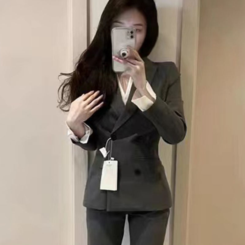 灰色西装套装女2025年春秋新款上衣工作服正装黑色西服外套两件套|undefined