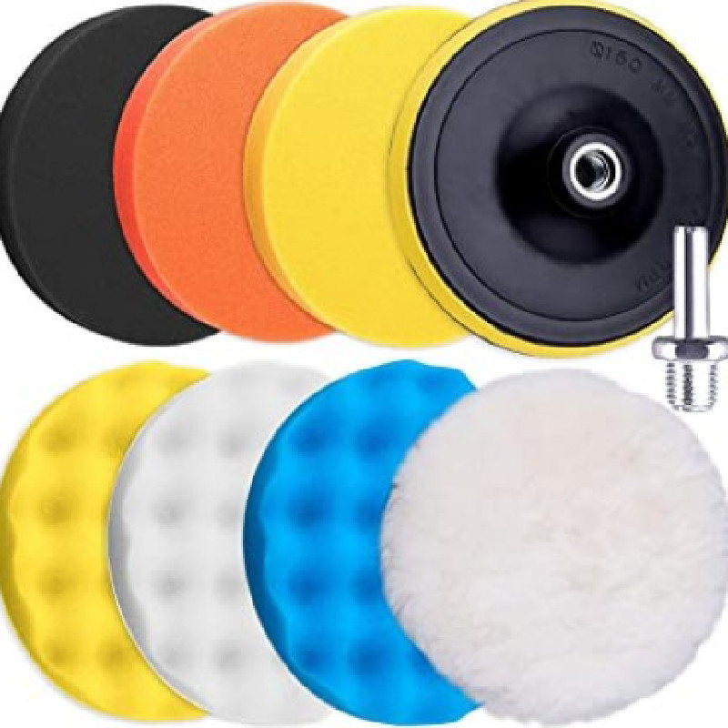 跨境供应6/7寸9件套平面波浪抛光海绵盘汽车美容打蜡自粘羊毛球