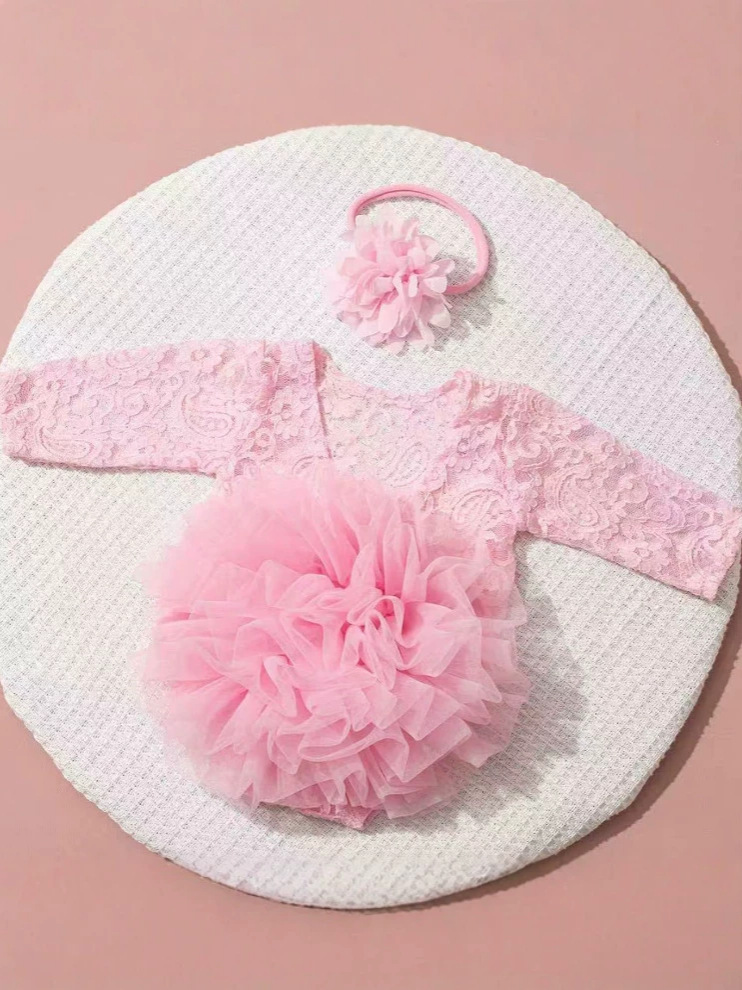 Accesorios de ropa de recién nacidos transfronterizos para bebés femeninos, galas de malla de esponja, encaje triangular, chaqueta con flores de dos piezas