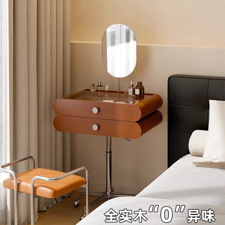 Ideal Home Vintage Solid Wood Movable Adjustable Dressing Table for Small Apartments, 60cm Retro Makeup Table with Integrated Mirror