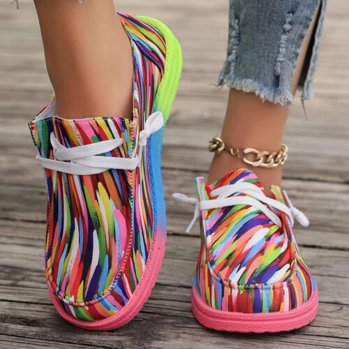 Women's Casual Canvas Ankle Boots with Colorful Tape and Folk Art Design