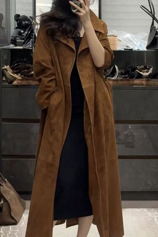 Light Luxury Style Long Suede Windbreaker Jacket for Women 2025 Autum New Style Simple and Fashionable Popular Suit Collar Coat