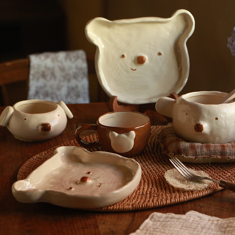 Ins Hand-Painted Cute Little Bear High-Quality Ceramic Tableware Set for Home Use, Bowls, Plates, Soup Bowls, Single-Serving Mugs