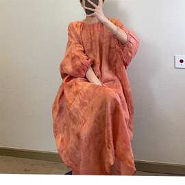 宽松韵染印花连衣裙风复古文艺女夏季上新