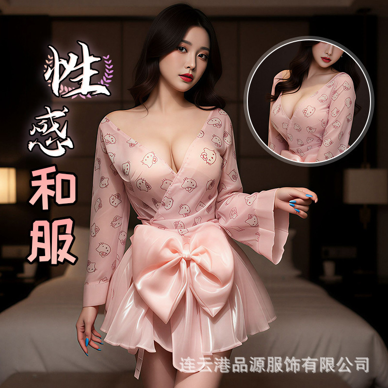 Cute Bunny Girl Private Chiffon Printed Cat Girl Maid Kimono Set Sexy Lingerie Revealing Chest