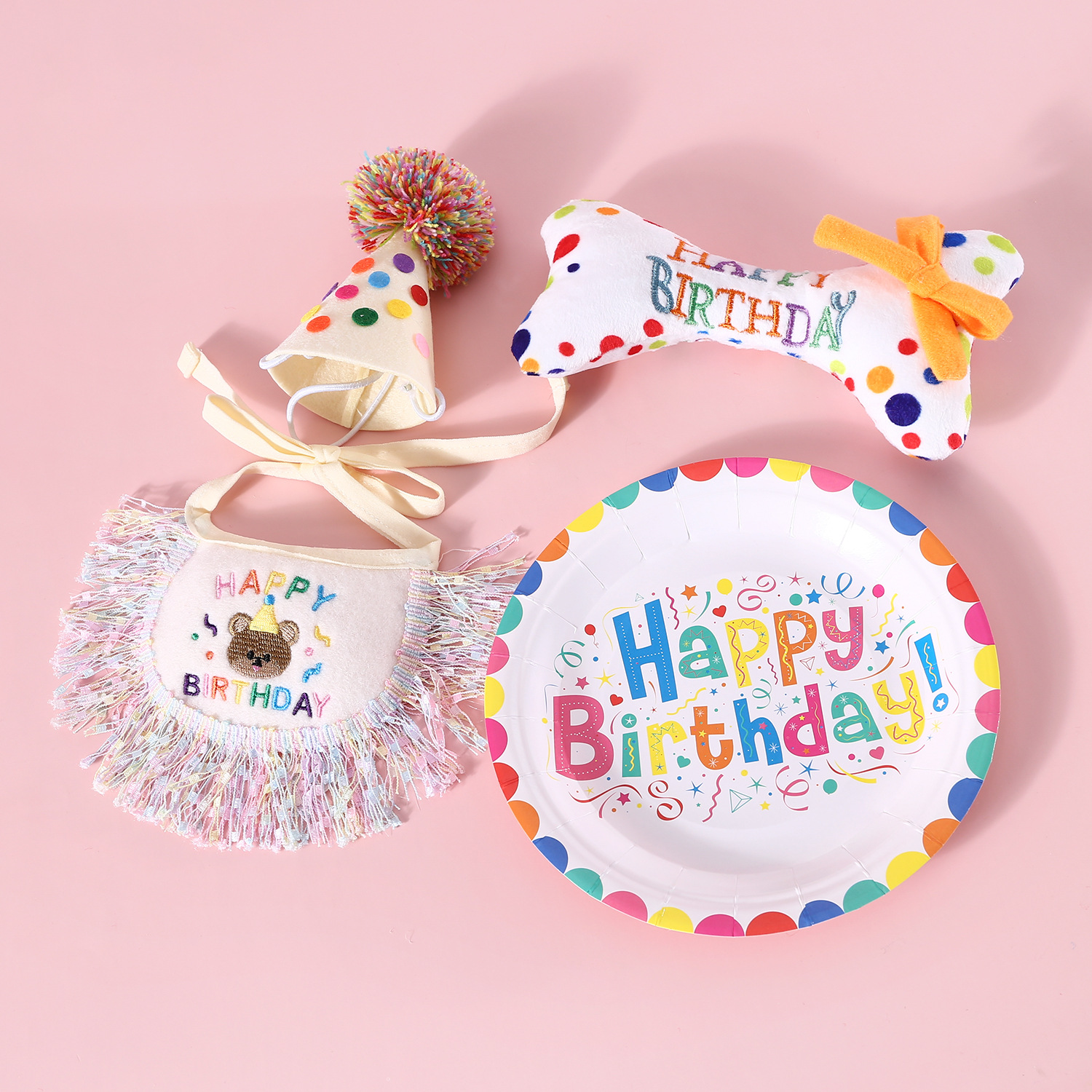 Comercio exterior mascota traje de feliz cumpleaños gato cachorro borla babero de bola de punto de onda traje de sombrero decoración de fiesta