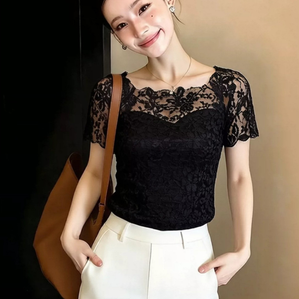 High-end lace short-sleeved summer new style Chanel-style square neck sexy collarbone crochet hollowed-out blouse T-shirt top