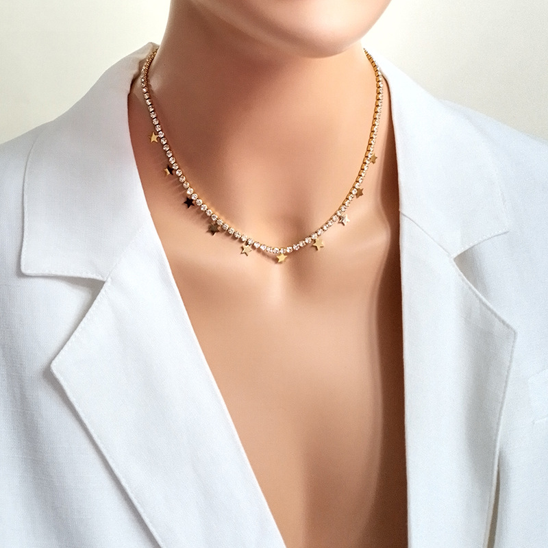 Fashion Star Titanium Steel Inlay Rhinestones Pendant Necklace 1 Piece