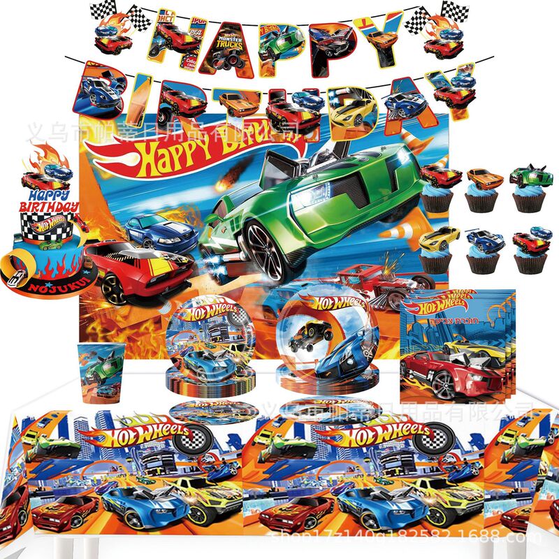 Amazon Hot Wheels Children's Birthday Party Decoration Cartoon Racing Car Disposable Tableware Set Paper Plates Paper Cups Forks