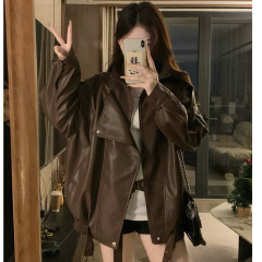 kumikumi复古气质咖啡色PU皮长袖外套女秋季百搭宽松显瘦夹克上衣