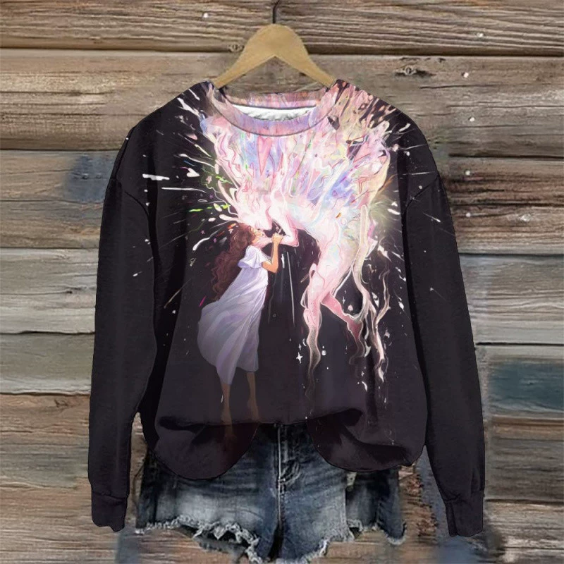 2024 осень-зима трансграничный новый свиток 3 цифровой принт дамы уличный тренд с круглым воротником свитера топ