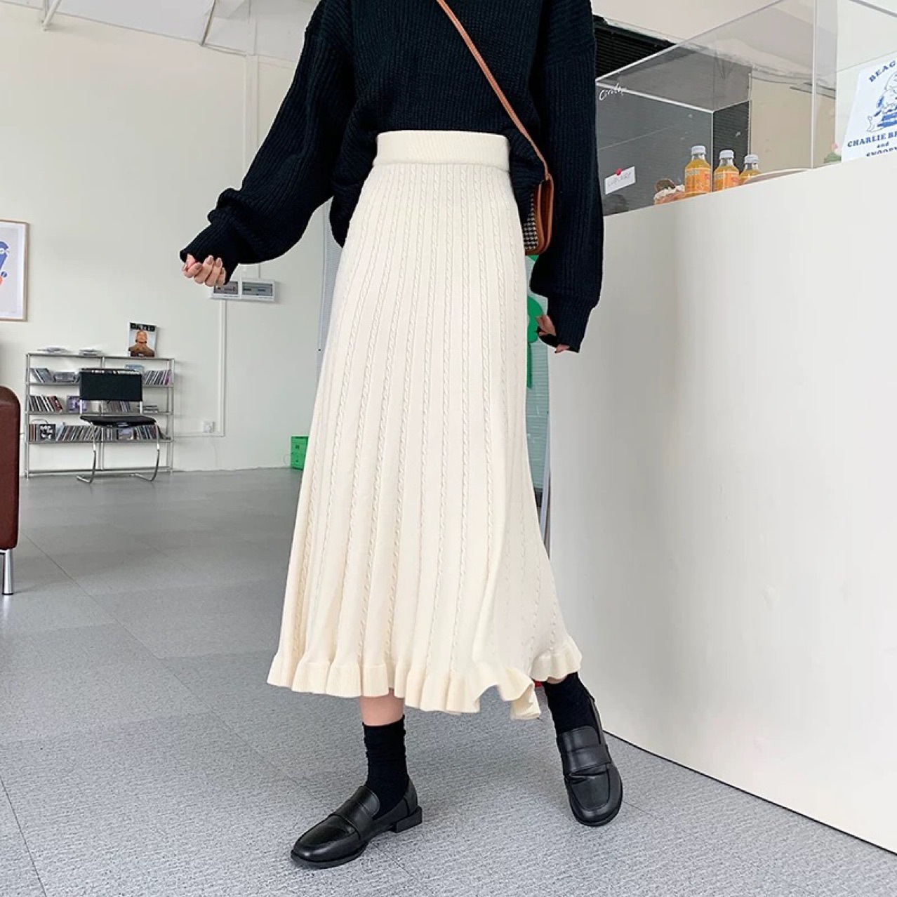 A- Line Wool Knitted Skirt Autumn and Winter 2024 Small High Waist Slimming Mid-Length Flesh Covering Over-the-Knee Skirt Women's Clothing