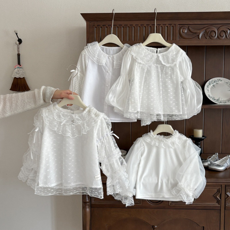 Girls' Lace Long-Sleeved Bottoming Shirt 26 Spring and Autumn Korean Style Kidsren's Baby Girl Lolita Inner Wear Soft Bow Shirt