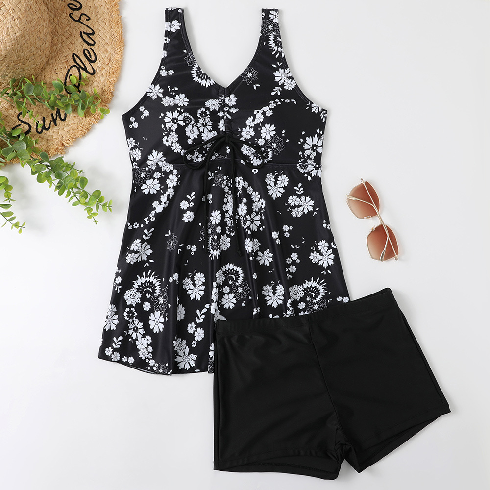 2023 New Split Bikini Digital Printed Flat Corner Pants Drawstring Gathering Swimwear for Women_voghion.com