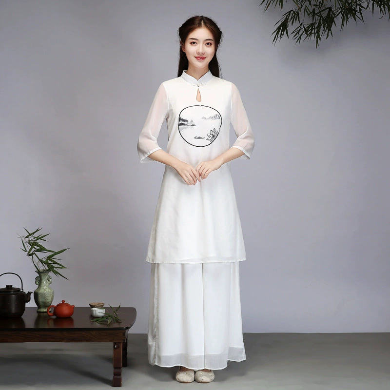 2193 Свободный шифоновый топ средней длины в китайском стиле, летний чайный костюм в китайском художественном стиле Дзен, костюм дзен для йоги