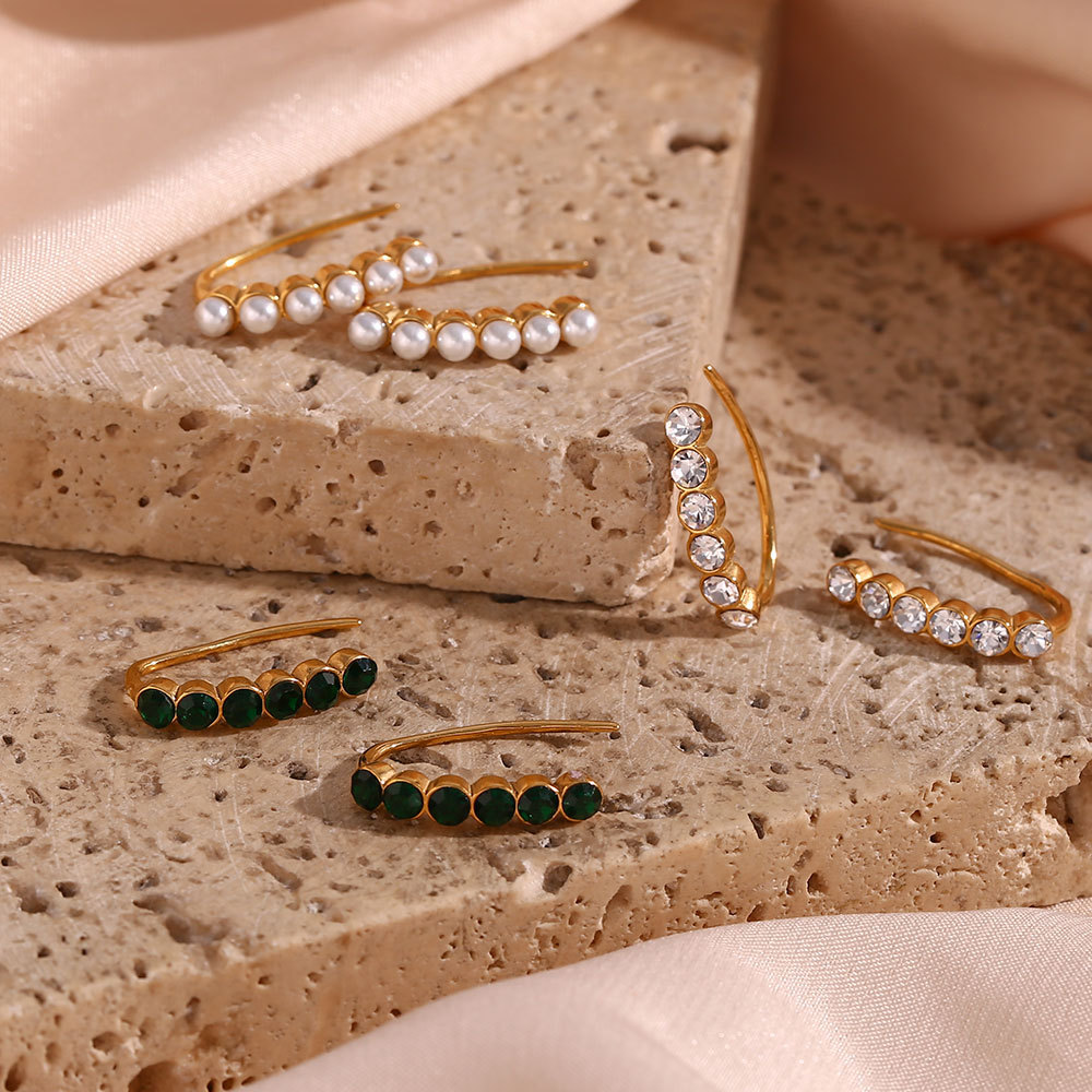 Zircon Pearl Inlaid Fishhook Stainless Steel Earrings