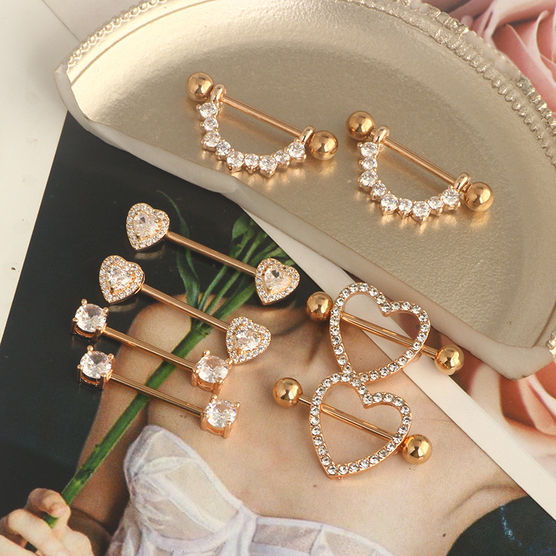 Rose Gold 4 Pairs Breast Ring Set Stainless Steel Zircon Diamond-embedded Nipple Jewelry Wholesale detail image 8