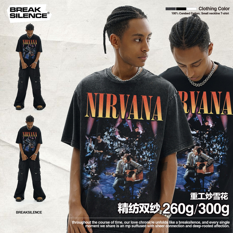 NIRVANA Band vintage Men's T-Shirt American Retro Cross-border Washed Distressed Small Nearline Heavy Men's High Street