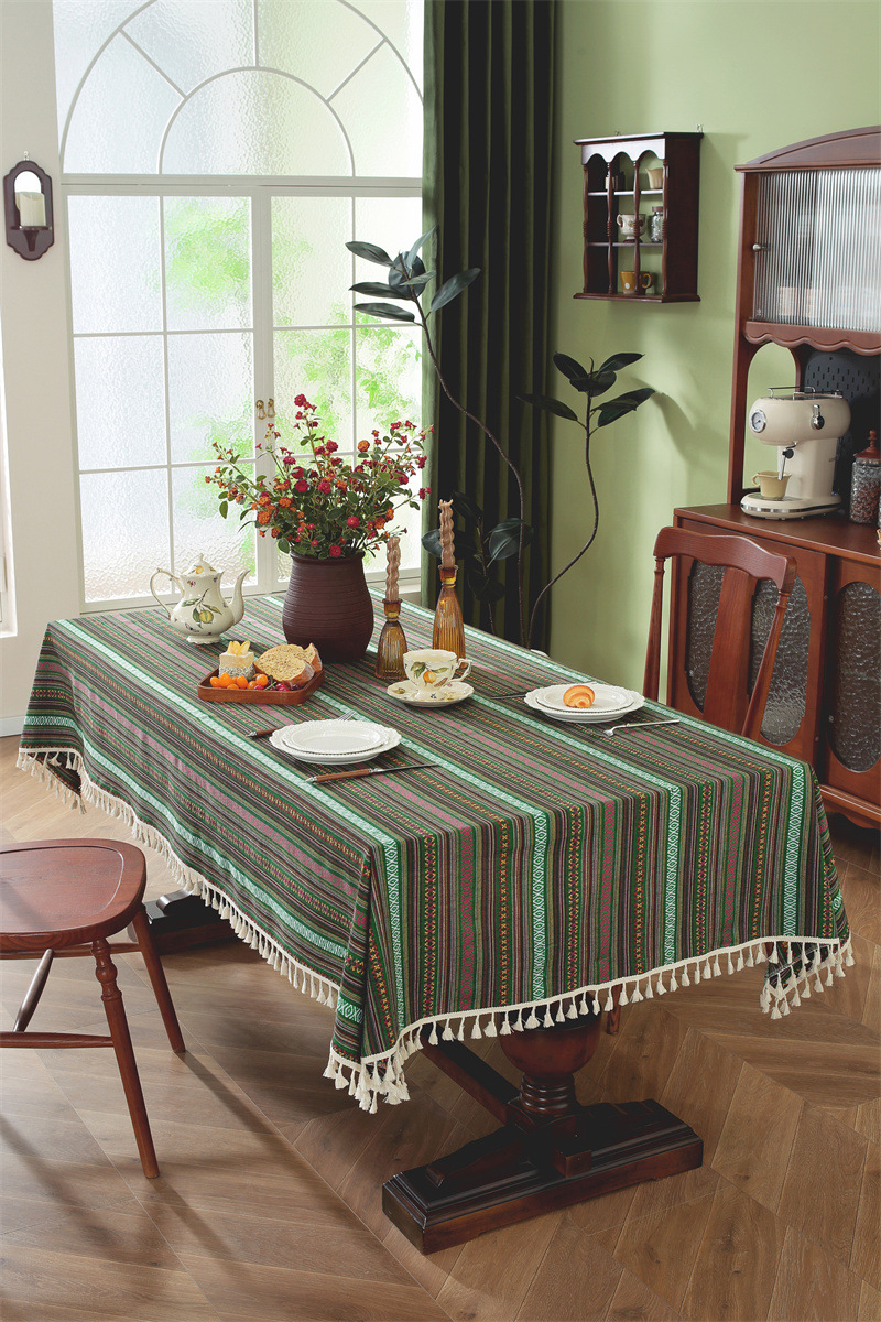 Nappe En Jacquard Style Ethnique Américain Avec Franges Et Dentelle_voghion.com