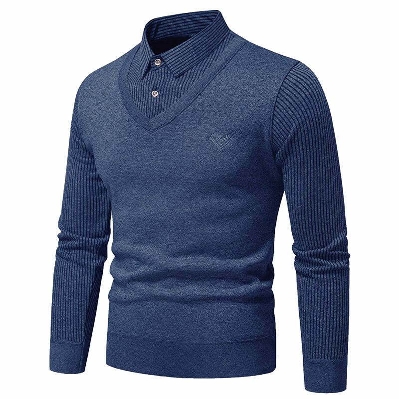 Long sleeved fake two-piece T-shirt spring and autumn new striped printed top casual lapel men's polo shirt for men_vogarts.com