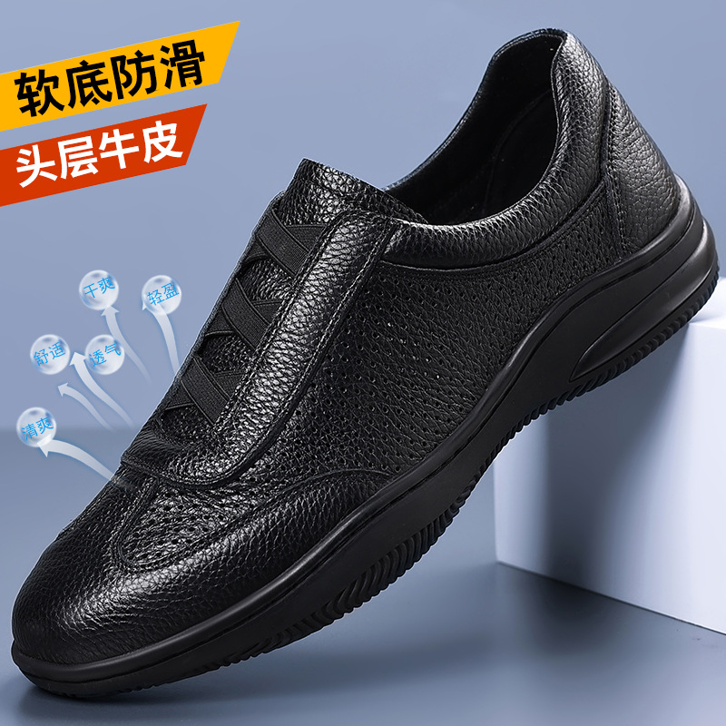 Sandalias de hombre transpirables de verano de piel de vaca de primera capa, zapatos casuales de un pedal para hombre huecos de cuero, zapatos de hombre, zapatos