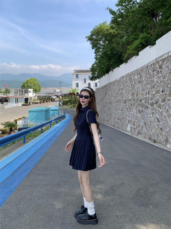 小个子条纹POLO领百褶短袖连衣裙女夏季2025新款收腰A字显瘦短裙|undefined