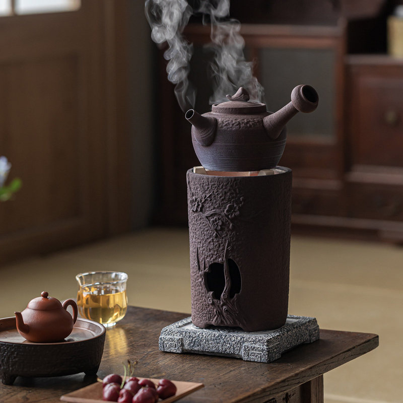 Guolan Rustic Pottery Plum Blossom Charcoal Stove Outdoor Camping Tea Stove Traditional Tea Brewing Ceramic Side-Handle Pot Guolan Rustic Pottery Plum Blossom Charcoal Stove Outdoor Camping Tea Stove Traditional Tea Brewing Ceramic Side-Handle Pot