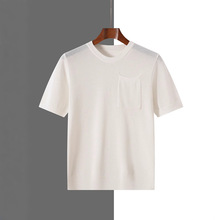 2025年夏季新款棉线男士圆领针织衫短袖T恤镂空纯色带兜打底衫