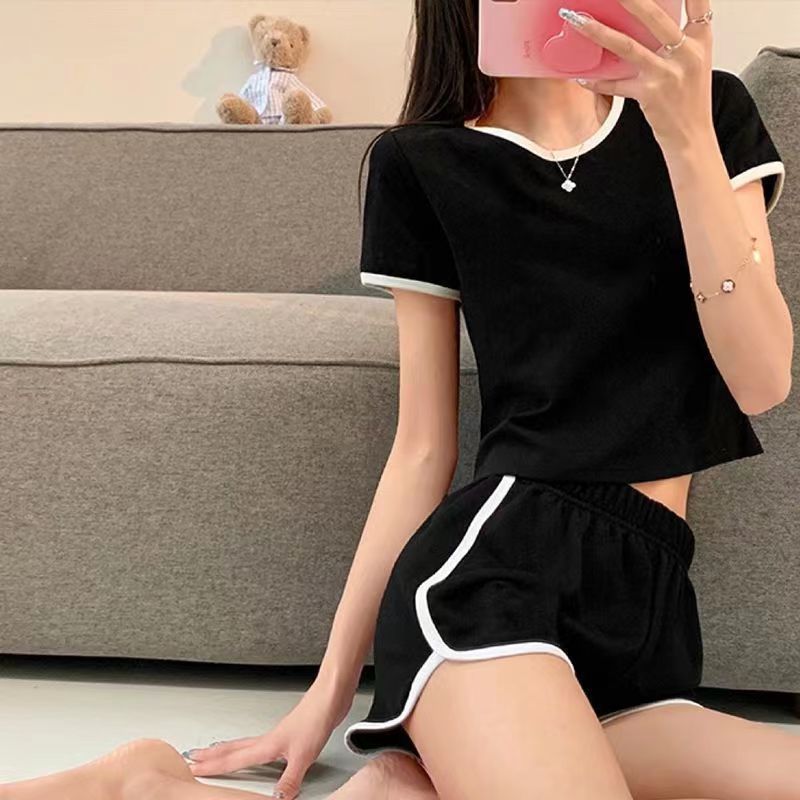 T恤女2025紧身内搭方领短袖t恤高腰短款套装露腰打底衫上衣女装潮