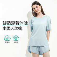 水柔天丝棉春季夏天睡衣女款套装薄款短袖可外穿女式家居服柔软