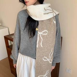 羊毛混纺韩系针织蝴蝶结毛线情侣高级感小围巾女加厚保暖百搭围脖