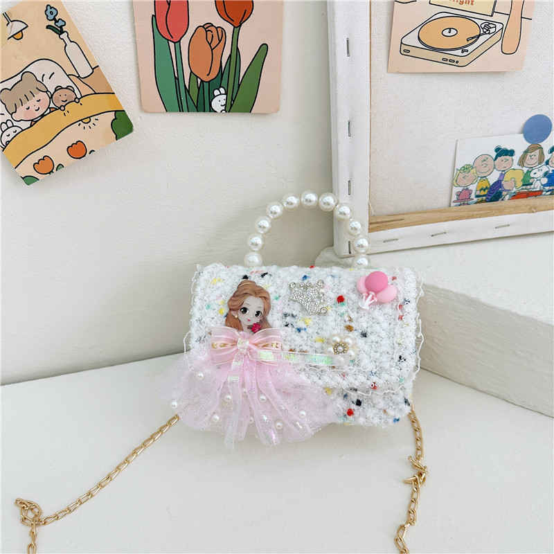 Bagos de mano de perlas para niños 2024 Año Nuevo muñecas de lana accesorios bolsos de hombro lindas chicas bolsos de mano