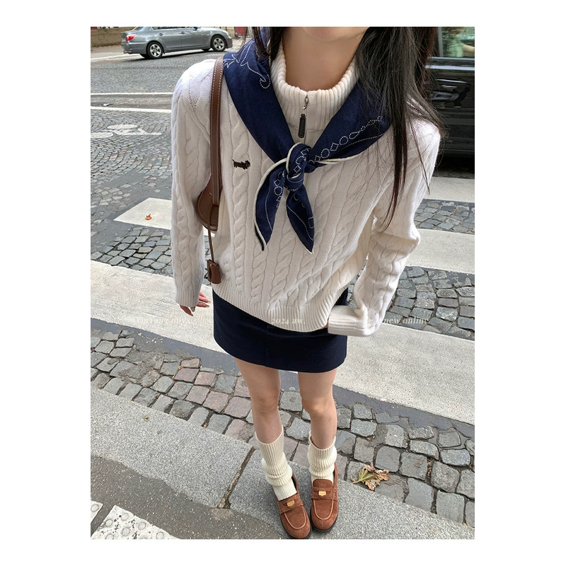 Вышитая такса женский осенний и зимний ленивый ветер кардиган полузастежка на молнии свитер белый кардиган темно-синий кардиган