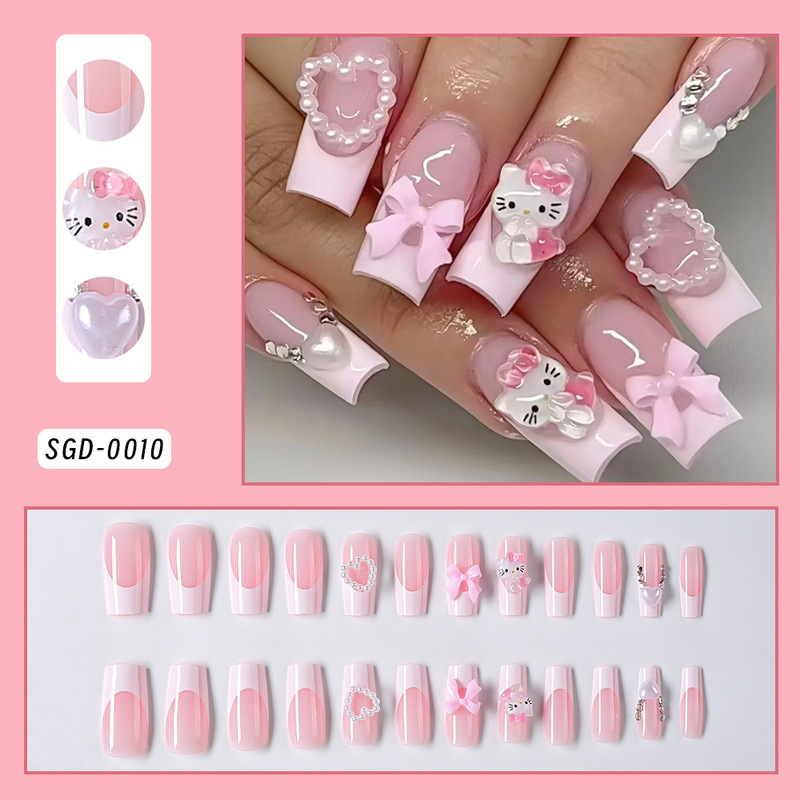 Cross-Border 24 Pieces of Kt Cat Wearable Nails, Heart Bow, White French Middle Ladder Nails, Manicure Pieces, Wearable Nails