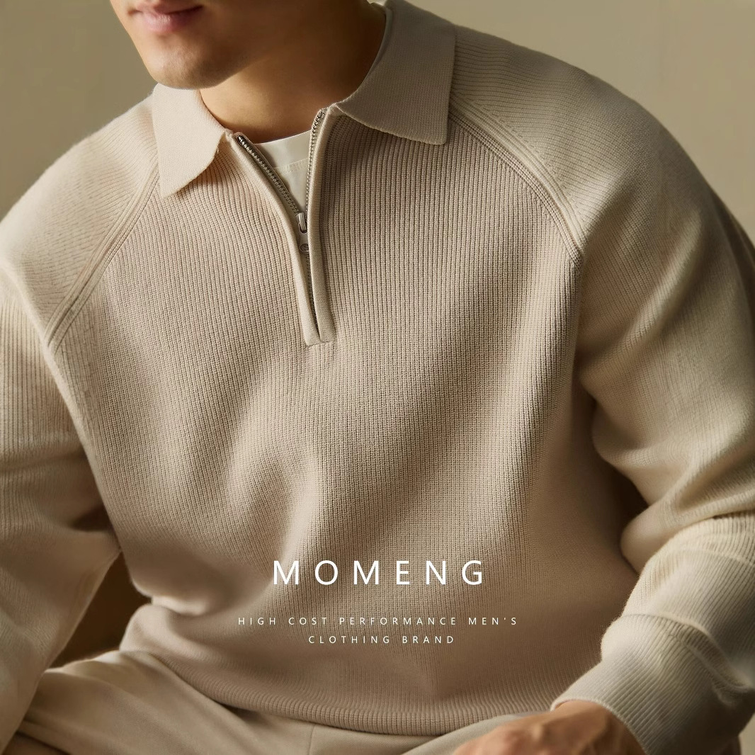 Maglione da uomo con collo a polo e mezza zip, vestibilità slim, maniche raglan, stile casual invernale, con bordi a contrasto_voghion.com