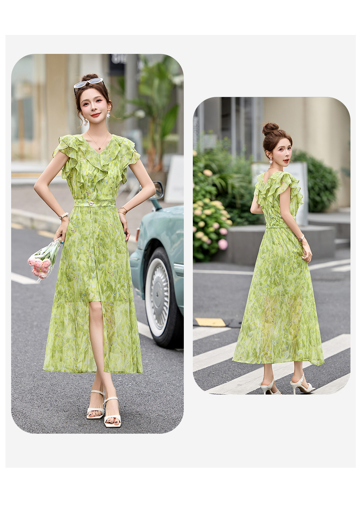 Đầm maxi nữ thắt eo cổ V in họa tiết hoa dáng dài — Hoa xanh lá cây, Hoa xám chi tiết 3