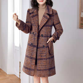 2025年中年复古显瘦羊毛呢子大衣女秋冬季新款格子中长款气质外套