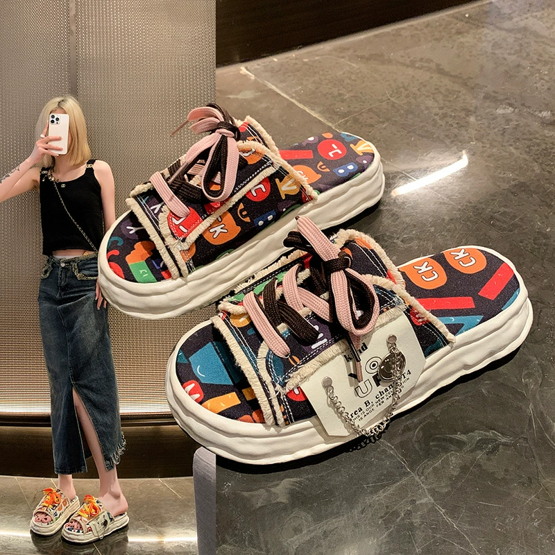 Мафли с толстым дном граффити тапочки женщины носят весной и летом 2024 года новый дикий ретро-пляж