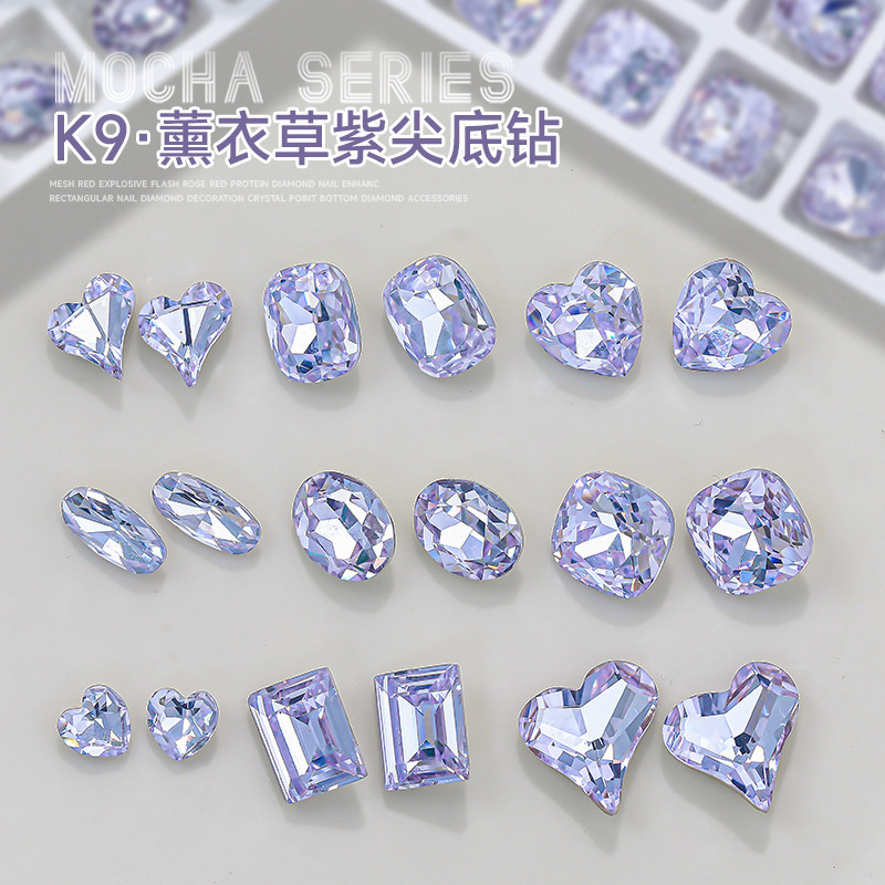 Popular K9 Manicure Diamond Crystal Accessible Luxury Style Lavender Spring Color Light Purple Pointed Bottom Fat Square Crooked Heart Nail Accessories Diamond Popular K9 Manicure Diamond Crystal Accessible Luxury Style Lavender Spring Color Light Purple Pointed Bottom Fat Square Crooked Heart Nail Accessories Diamond