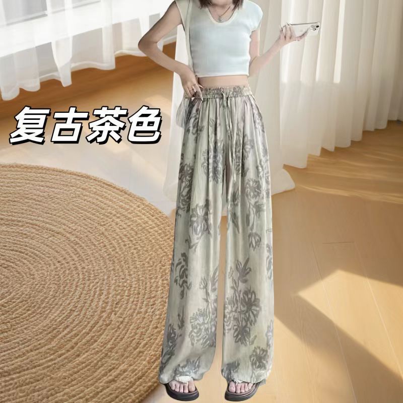 西洋スタイルのファッショナブルなレトロな水玉模様のアイスシルクワイドレッグパンツ女性のための 2025 新デザインニッチルーズドレープカジュアルパンツ|undefined