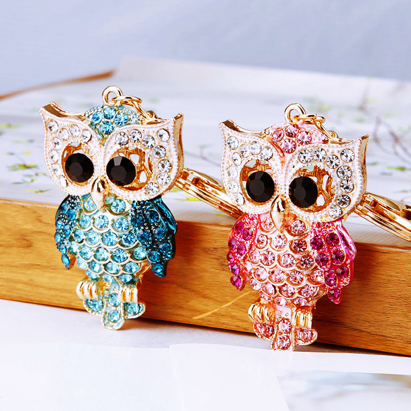 Diamond-Encrusted European and American Owl Car Keychain for Women, Cute Bag Pendant, Metal Key Chain Ring, Cross-Border Creative Gift