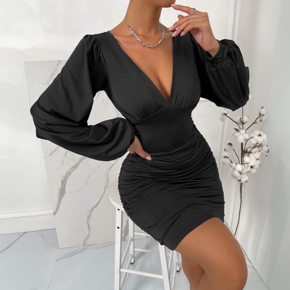Women's V-Neck Mini Pleated High Waist Dress