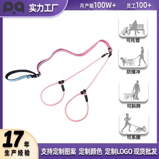 跨境亚马逊宠物一拖二p绳防缠绕防爆冲双头遛狗绳定制狗狗牵引绳
